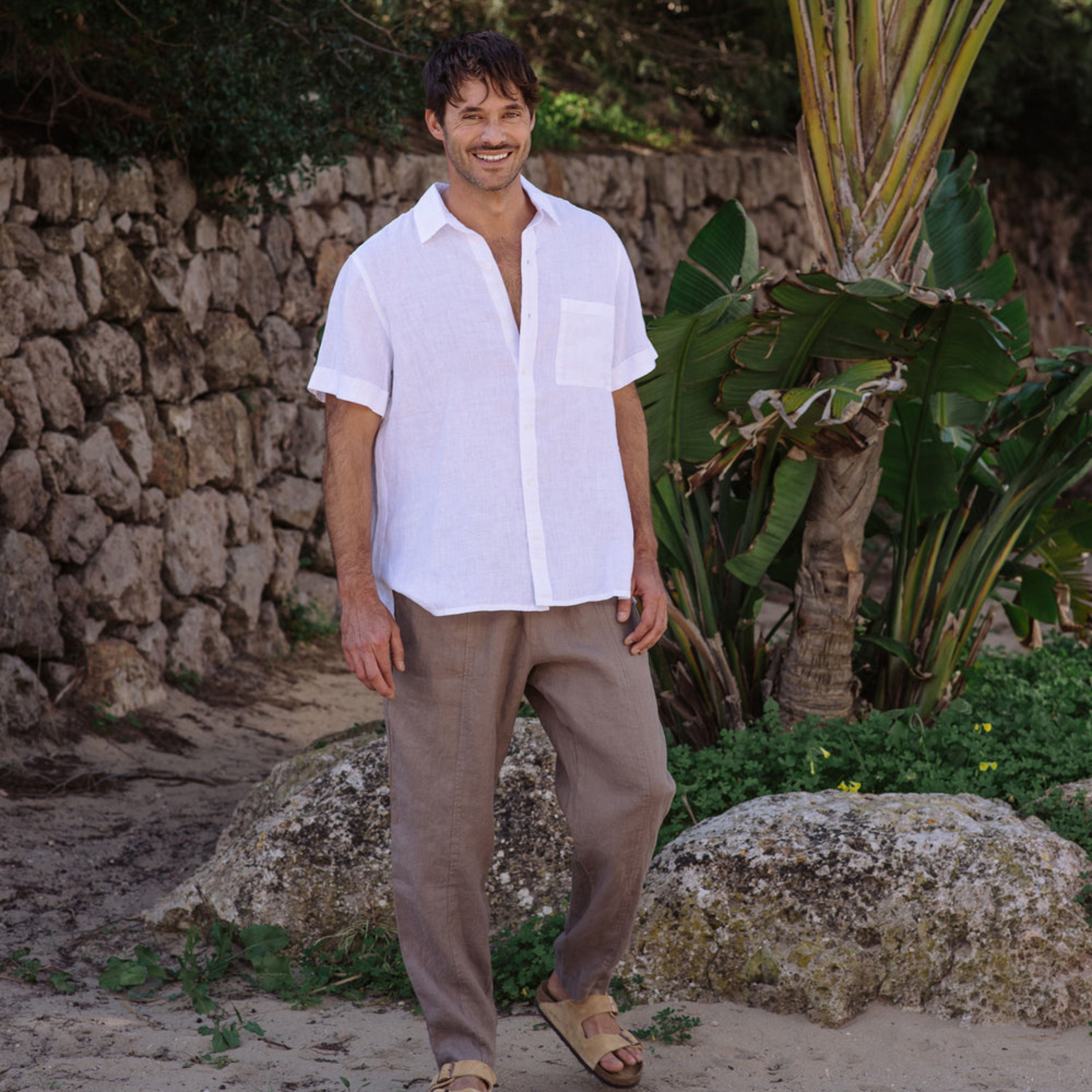 White Half Sleeve Cotton Linen Shirt for Men Casual Beach Wear