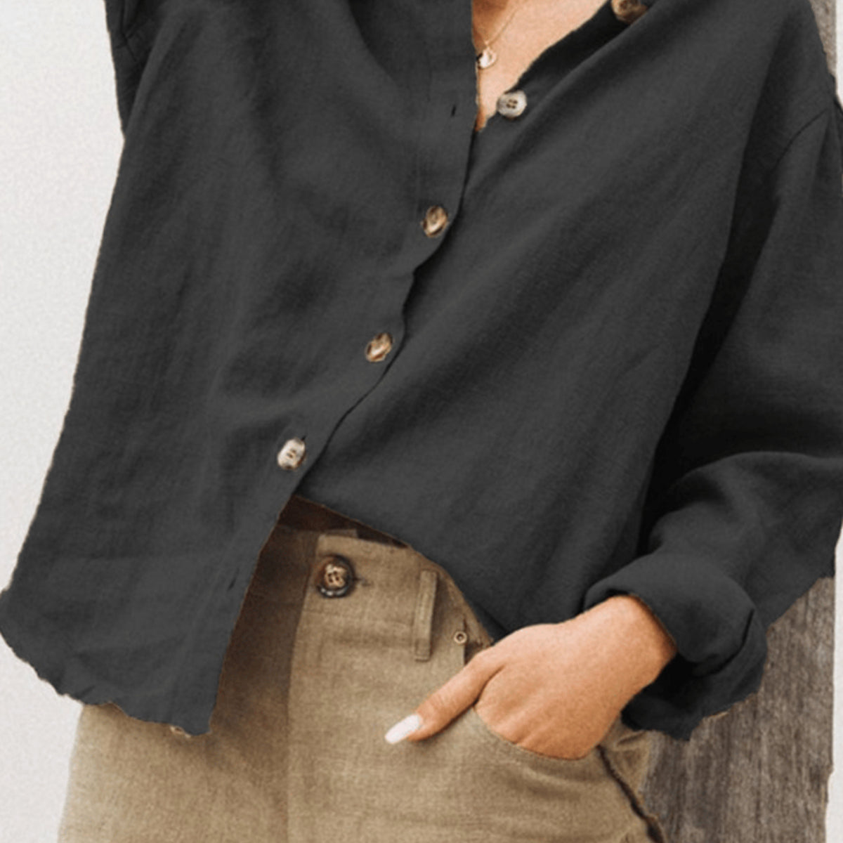 Casual Black Button-Up Linen Shirt