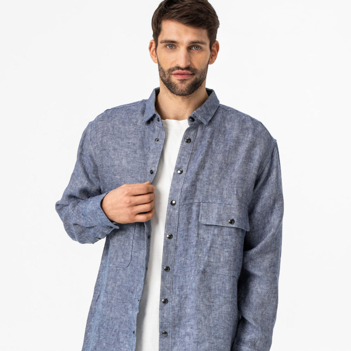 Asheville Blue Herringbone Linen Overshirt - Linen Wear