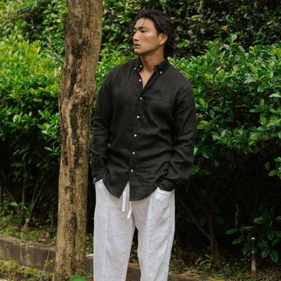 Black Cotton Linen Button Down Shirt for Men – Long Sleeve Casual Wear