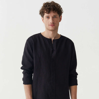 Linen Black Kurta Shirt for Men – Band Collar Long Sleeve